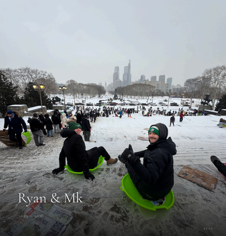 The avec. photobook cover for Ryan & Mk, 2025 to 2026: a snowy sledding day below the Philadelphia skyline.