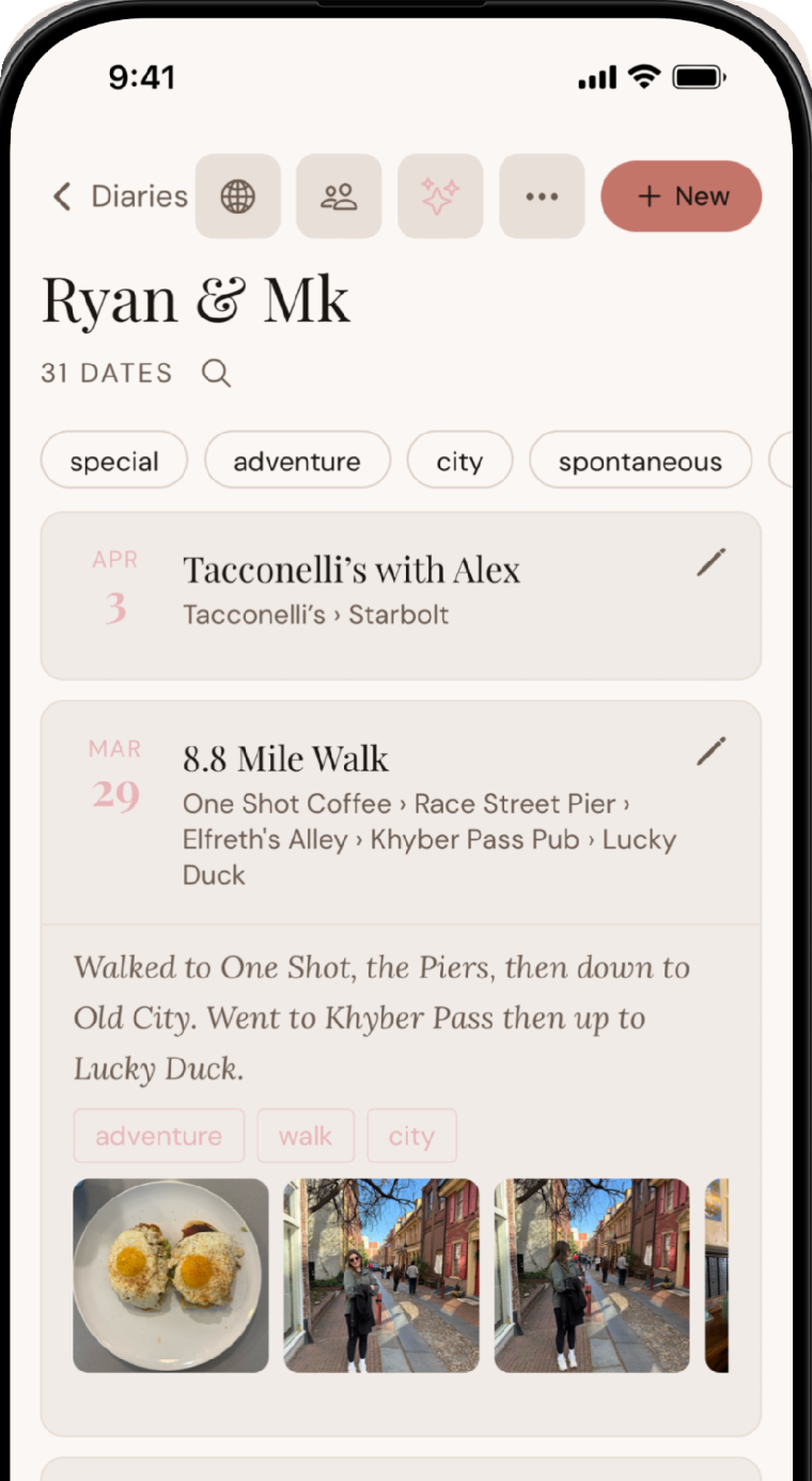 The Ryan & Mk diary feed: dated entries with notes, tags, and photos.