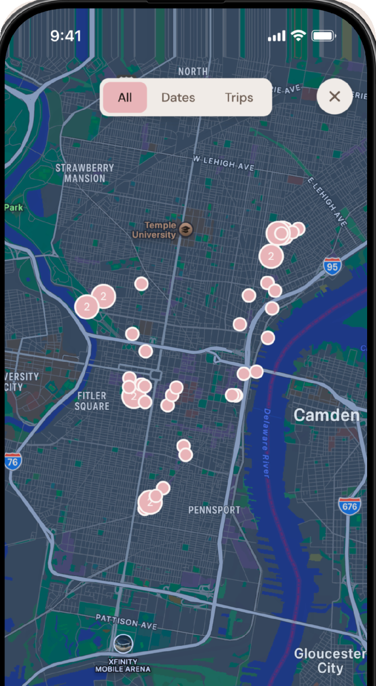 A map of every place you have been together, clustered by visit.