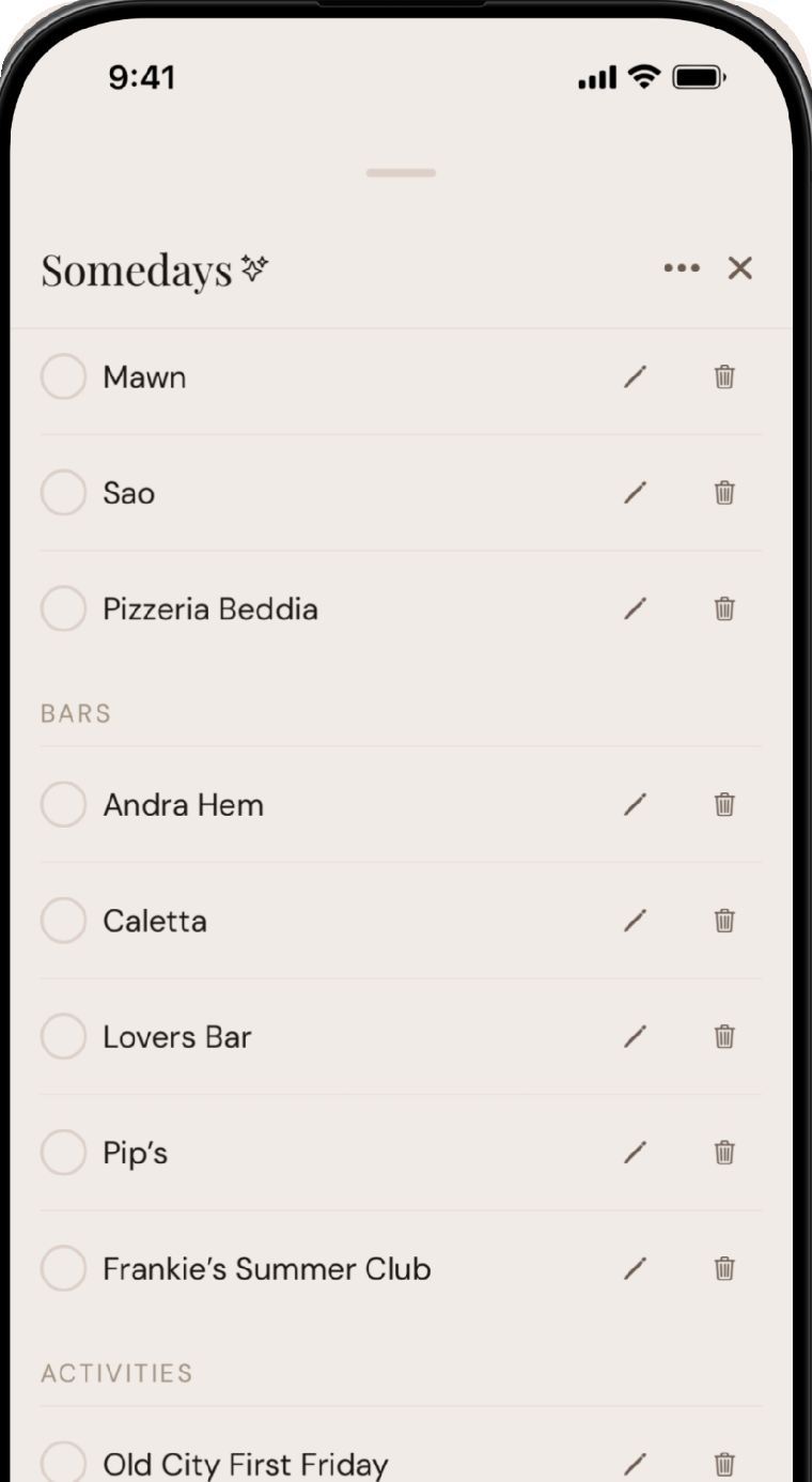 A Somedays wishlist of restaurants, bars, and activities to try together.