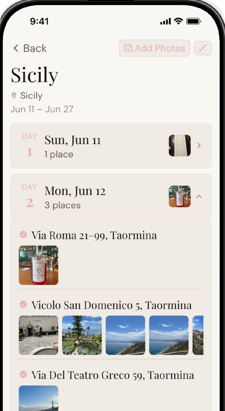A Sicily trip laid out day by day, each stop place-tagged with its own photos.